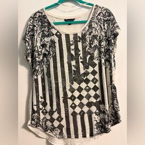 Rock & Republic - Black and Cream Striped Graphic Slubbed Tee